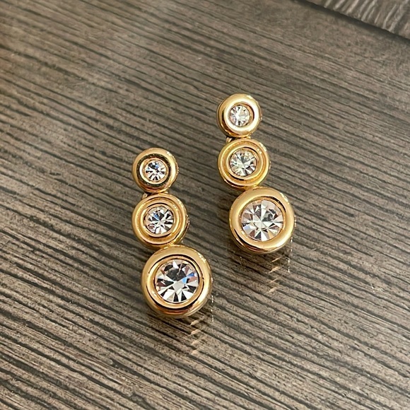 Vintage Swarovski Crystal Three Stone Drop Earrings, Gold-tone - Picture 16 of 16